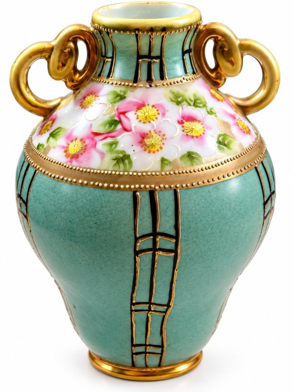 Vase-07--Antique Nippon Hand Painted Porcelain Vase Japan Floral Gold Two Handle